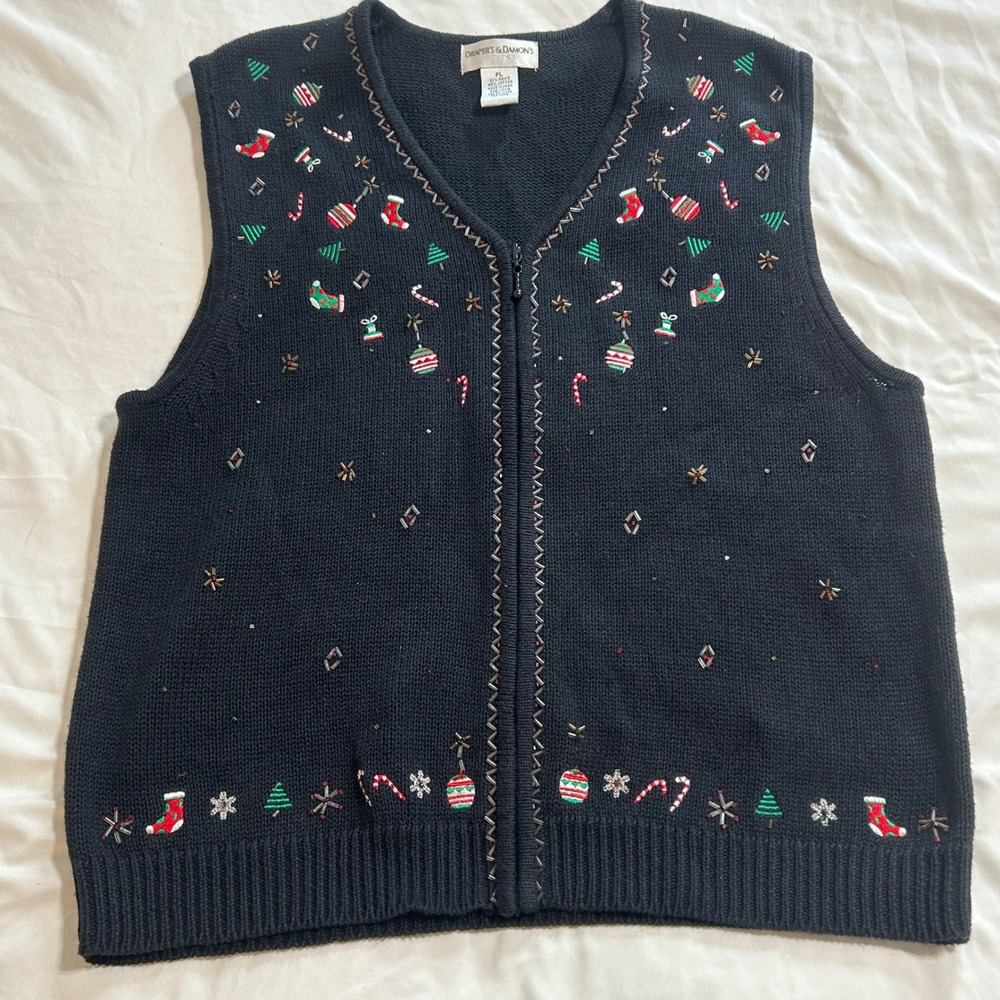 Drapers & Damons Petites Christmas Sweater Vest Black Beaded Embroidered Zip PL